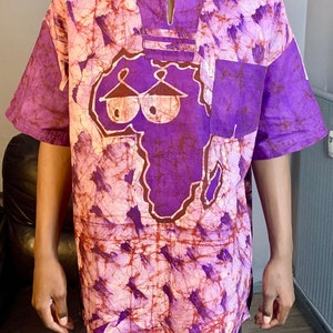 Camicia mista, Batik, Viola, maniche corte, tinta unita, fantasia Africa e Custodia Tata Samba Taglia Large 100% Cotone