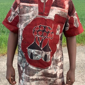 Camicia Mista, Batik, Bordeaux, Maniche Corte, Tinta Unita, Modello Custodia Tata Samba 100% Cotone