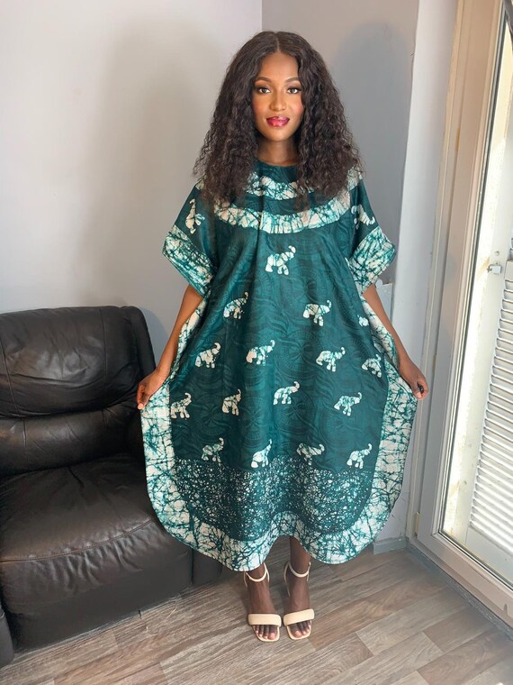 Bazin Batik Dress Boho Style Dark Green. Unique and Exclusive Dress. Patterned Dress Design Pattern Elephants Etsy