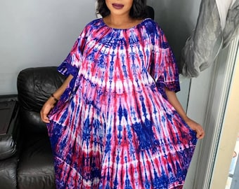Long Batik Palm Tree Dress, Tye and Dye, multi-colored, unique model, cotton.