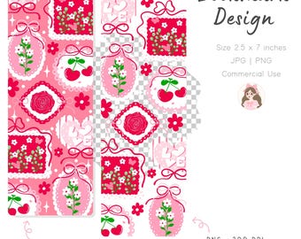 Kokette Kirsche Liebe Lesezeichen, druckbare PNG JPG Kirsche Kokette Muster, Rosa Blumen Lesezeichen Design, Erdbeer Kirsch Lesezeichen