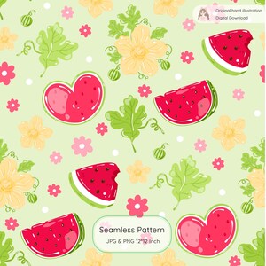May include: Seamless pattern featuring watermelon slices, heart-shaped watermelons, yellow flowers, green leaves, and pink flowers on a light green background. The text "Seamless Pattern" is included. The pattern is 12x12 inches.