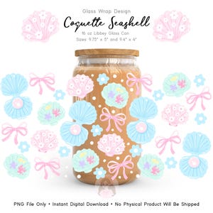 Coquette Seashell Libbey Glass Wrap PNG, Cute Bow Shell Tumbler Wrap, Pastel Ocean Cup Design, Soft Coastal Drink Wrap, UVDTF Design PNG