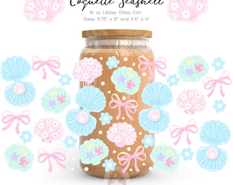 Coquette Seashell Libbey Glass Wrap PNG, 16oz Glass Can Wrap, Coastal Bow Tumbler Design, Pastel Beach UV DTF Cup Wrap, Pearl Seashell Sea
