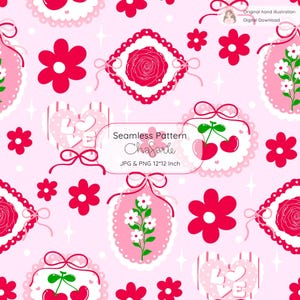 Sweet Cherry Coquette Seamless Pattern PNG JPG, Cute Pink Floral Bow Repeat Pattern, Romantic Love Cherry Digital Paper 12x12