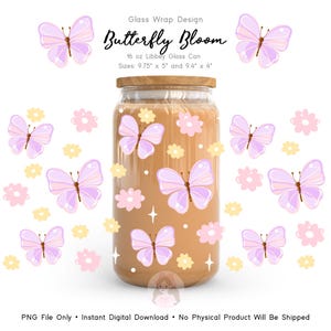 Butterfly Bloom Libbey Glass Can Wrap, Pastel Floral PNG (Digital Download)