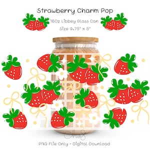 Sweet Strawberry Charm Pop Bow PNG | Kawaii Libbey Glass Can Wrap 16 oz Cute Fruit Drinkware Sublimation Design | Red Berry Cup Wrap cut can
