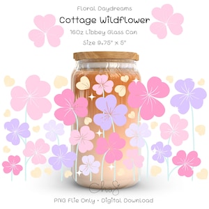 Blumenpastel Cottage Wildblumen Libbey Glasverpackung PNG, Blumen Daydream Tumbler Wrap, Pastellblumenglasdose Design, niedliche Garten-Getränkeverpackung