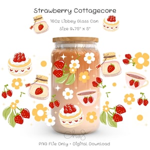 Strawberry Time Cottagecoe 16oz Libbey Glass Can Wrap Png Designs, Strawberry Cottagecore Can Glass Wrap Uv dtf Design png glass Wrap design