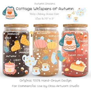 以下が含まれることがあります： 木製の蓋が付いた3つの16オンスLibbeyガラス瓶。秋をテーマにしたイラストで装飾されています。瓶には、セーター、カボチャ、靴下のデザイン、および「Morning Walk」や「Sugar Cozy」などのテキストが描かれています。瓶の高さは約24.77 cm、幅は12.7 cmです。