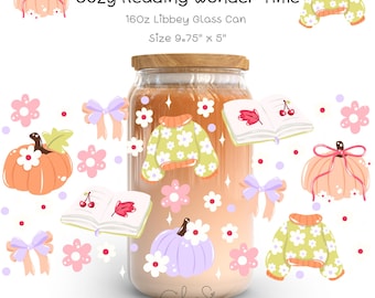 Autumn Bookish Libbey Glass Can Wrap, Sweater Pumpkin Design (PNG)