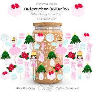 May include: A clear glass can with a wooden lid, decorated with pink ballerinas, nutcrackers, Christmas trees, and gift boxes. The can is 9.75 inches tall and 5 inches wide. The text "Christmas Magic Nutcracker Ballerina" is displayed.
