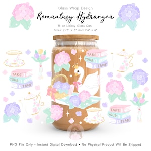 May include: A glass can with a wooden lid, featuring a swan with a crown, a basket of flowers, and the text "Romantasy Hydrangea." The design includes pink and purple hydrangeas, books, and teacups. The can measures approximately 9.75" x 5" and 9.4" x 4".