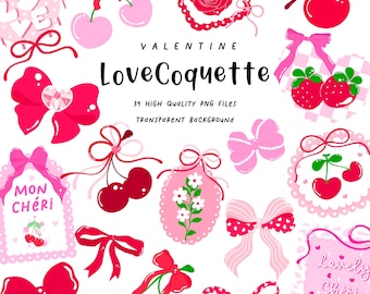 Set di clipart di San Valentino con civetta d'amore, fiocco di ciliegia a forma di cuore in formato PNG, clip art estetica rosa carina, elementi kawaii di fragole, download digitale