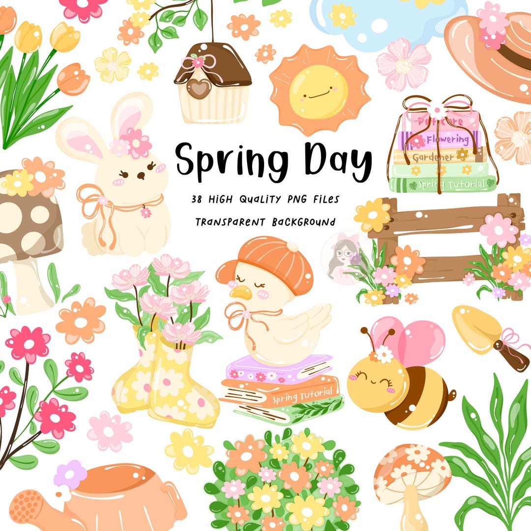 Spring Day Clipart PNG, Cute Spring Animal Clipart, Pastel Floral PNG ...