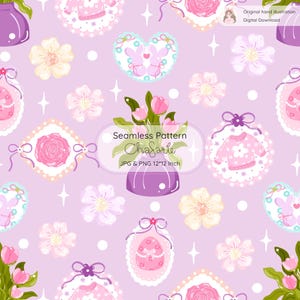 May include: A seamless pattern featuring a repeating design of flowers, hearts with bunnies, and decorative frames on a light purple background. The design includes a vase of tulips and the text "Seamless Pattern Chafarie JPG & PNG 12*12 Inch".