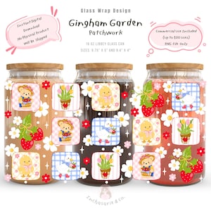 Gingham Garden Libbey Glass Wrap PNG, Strawberry Farm Cottagecore Glass Can Wrap, Goose Chick Floral Patchwork Tumbler Design, Farm Garden