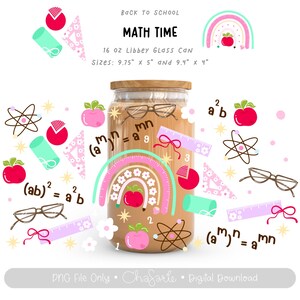 May include: A clear glass can with a wooden lid, decorated with math-themed illustrations. The design includes a rainbow, apples, rulers, and equations. The can is 9.75 inches tall, 5 inches wide, and 9.4 inches in diameter.