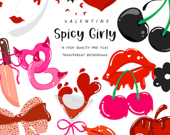 Valentine Coquette Clipart, Hearts, Lips, Cherries (PNG Digital Download)