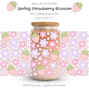 Envoltorio para lata de vidrio con flores de fresa, diseño floral primaveral PNG (descarga digital)