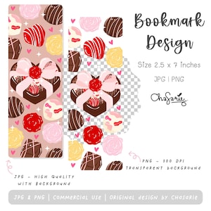 Op de afbeelding: Bladwijzerontwerp met een hartvormige chocolade doos, roze strik en rode rozen. Het ontwerp bevat chocolaatjes, rozen en de tekst "Bookmark Design". De bladwijzer is 6,35 cm x 17,78 cm groot.