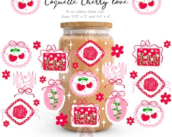 Valentine Coquette Cherry Love Libbey Glass Wrap PNG, Wrap di San Valentino in pizzo rosa, Grazioso fiocco floreale di ciliegie, Wrap per bicchiere in vetro da 16 once