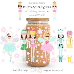 May include: A glass can with a wooden lid, decorated with illustrations of Nutcracker girls and flowers. The can is 9.75 inches tall and 5 inches wide. Text on the can reads "Chrismas Magic Nutcracker girls".