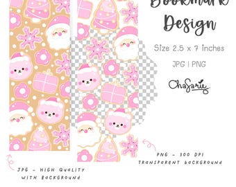 May include: A festive bookmark design in pink and white, featuring Christmas-themed illustrations. The design includes Santa Claus, Christmas trees, snowflakes, gifts, and bear characters. The bookmark measures 6.35 cm x 17.78 cm.