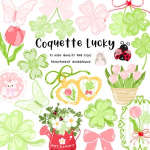 May include: A collection of digital graphics featuring butterflies, clovers, bows, tulips, and a ladybug. The text "Coquette Lucky" is displayed, along with the phrase "43 High Quality PNG Files Transparent Background."