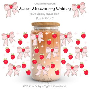 Coquette Strawberry Whimsy 16oz Libbey Glass Can Wrap PNG, Strawberry Bow Tumbler Wrap, Uv dtf Designs, Berry Glass Can, Cute Fruit Wrap PNG