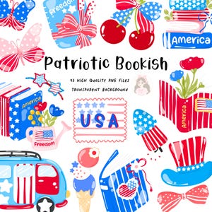 May include: A collection of patriotic-themed digital illustrations featuring books, butterflies, cherries, and a camper van in red, white, and blue. The text "Patriotic Bookish" is displayed, along with "USA" and "America".