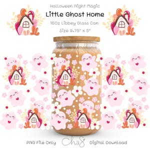 Halloween Ghost Home Libbey Glass Wrap PNG, Cute Pastel Ghost Tumbler Wrap, UV DTF Design, Pink Halloween Cup Design, Spooky Drink Wrap Cup