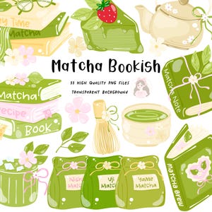 Könnte beinhalten: Digitale Illustration mit Matcha-Tee-Motiven. Das Bild zeigt Bücher, eine Teekanne, eine Schale mit Matcha, einen Schneebesen und Beutel mit Matcha-Pulver. Der Text "Matcha Bookish" ist prominent dargestellt, zusammen mit anderem Text.