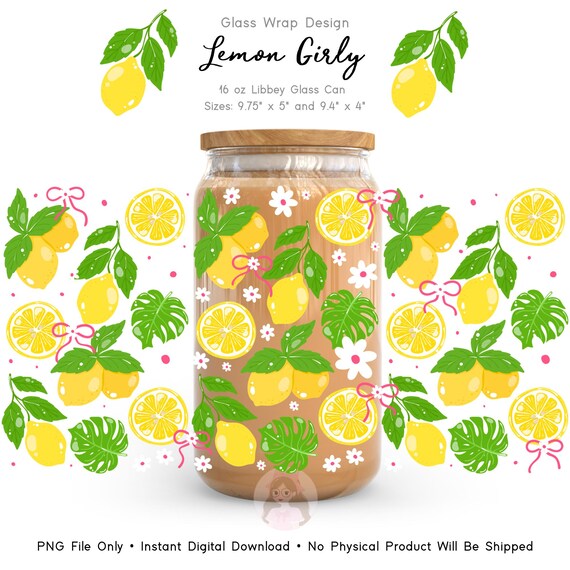 Lemon Coquette 16oz Libbey Wrap PNG, Tropical Lemon Glass Can Wrap, Cute Pink Bow Floral Tumbler Wrap, Summer Drink Wrap UV DTF