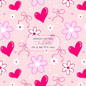 May include: Seamless pattern with pink hearts, bows, and flowers on a light pink background. The design includes the text "Seamless Pattern Chafarle JPG & PNG 12*12 INCH".