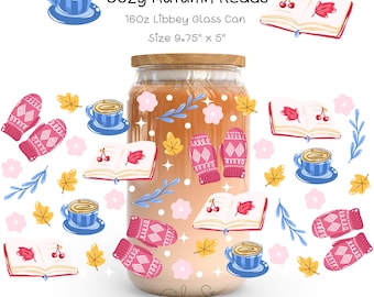 Autumn Reads Glass Can Wrap, Cozy Coffee Mittens Design (PNG)