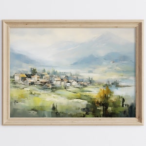 Landscape Printable Art, Landscape Natural Art Print, Landscape Oil Painting, Impressionist Painting, Mountain and Village Art Print