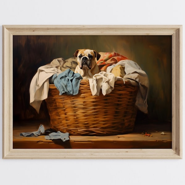 Laundry Room Oil Painting, Laundry Room Printable Wall Art, Laundry Room Dog Painting, Laundry Basket Art Print, Farmhouse Wall Art