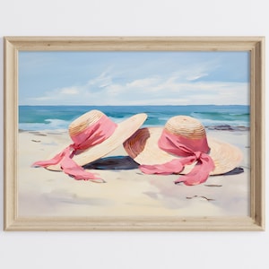 Rosa Strand Hüte Malerei, Girly Wandkunst, Rosa Strand Kunstdruck, Wohnheim Zimmer Wandkunst, Rosa Malerei, Strohhüte am Strand Malerei, Girly Art