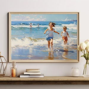 May include: A painting depicting two children running along a beach, with waves breaking around them. The sky is blue and the sea is turquoise. The children are wearing colourful clothing and smiling.