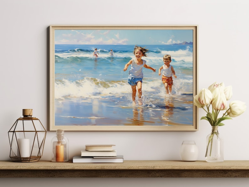 May include: A painting depicting two children running along a beach, with waves breaking around them. The sky is blue and the sea is turquoise. The children are wearing colourful clothing and smiling.