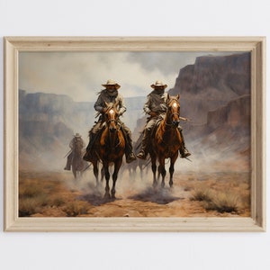 Western Cowboy Printable Art, Cowboy Riding Horse Art Print, Cowboys Oil Painting, Vintage Oil Painting, Western Art Print, Rustic Wall Art