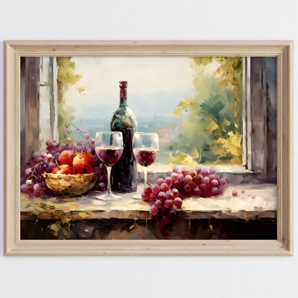 Impression d'art vin et raisins, peinture à l'huile vin et raisins, art mural imprimable, art mural rustique, peinture à l'huile vignoble, art imprimable vignoble