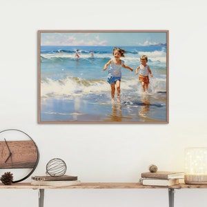 May include: A painting depicting two children running on a beach with waves breaking around them. The children are wearing summer clothes and the sky is blue with white clouds.