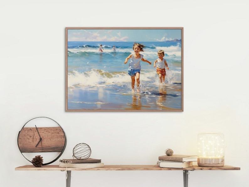 May include: A painting depicting two children running on a beach with waves breaking around them. The children are wearing summer clothes and the sky is blue with white clouds.