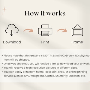 May include: A digital download illustration showing how to print and frame artwork. The illustration depicts a cloud with a download arrow, a printer, and a picture frame. The text "How it works" is at the top of the image. The text below the illustration explains that the artwork is a digital download only and that no physical item will be shipped. The text also explains that the buyer will receive a link to download the artwork and that the artwork is available in five different sizes.