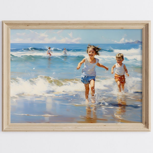 Kids at Beach Printable Art, Summer Beach Art Print, Kids Oil Painting, Printable Wall Art, Children Playing Art Print, Beach Wall Art