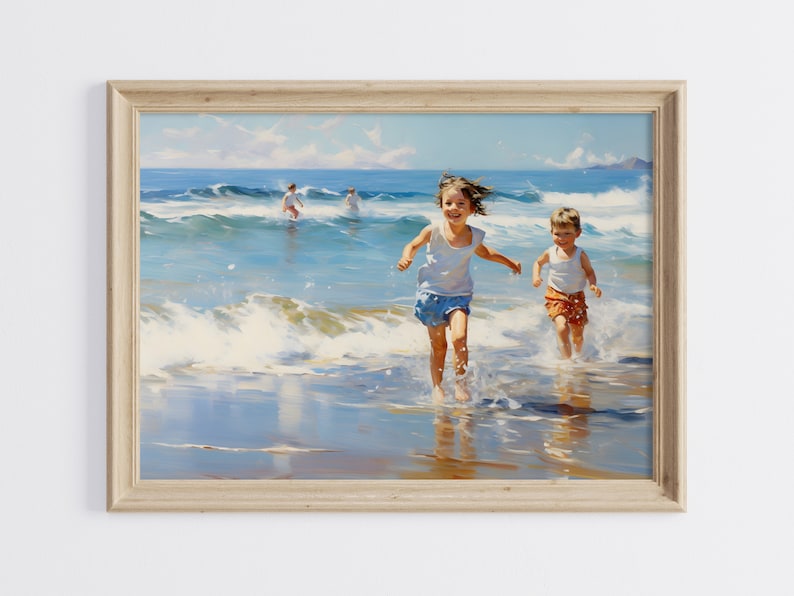 May include: Two children run through the surf on a sunny beach. The girl is wearing a white shirt and blue shorts, while the boy is wearing a white shirt and orange shorts. The waves are crashing around them, and the water is a beautiful blue.
