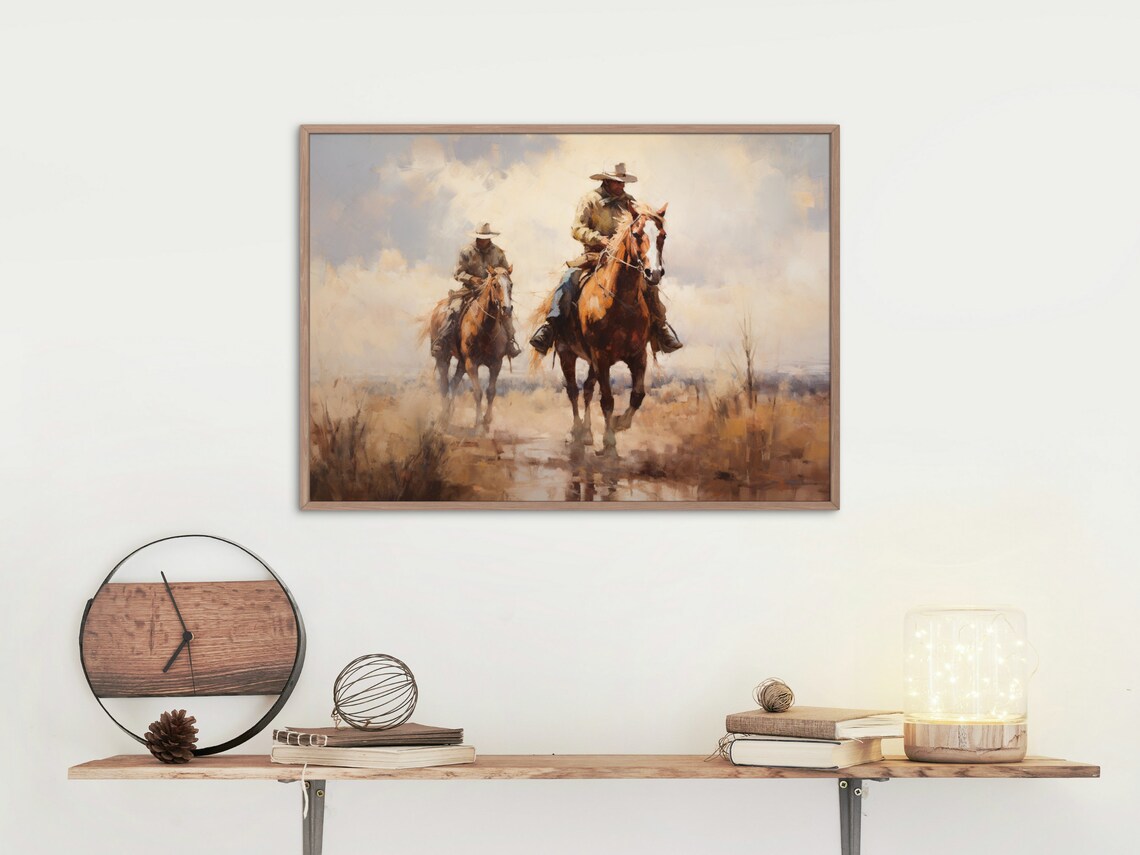 Cowboy Riding Horse Art Print Western Vintage Oil Painting - Etsy