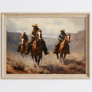 Cowboy Western Printable Art, Cowboy Riding Horse Painting, Western Wall Art, Vintage Oil Painting, Cowboys Oil Painting, Rustic Wall Art